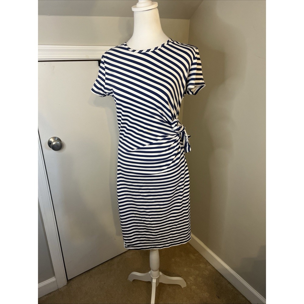 J. McLaughlin Catalina Cloth Striped Side Tie Dress Navy White Medium - Picture 2 of 9